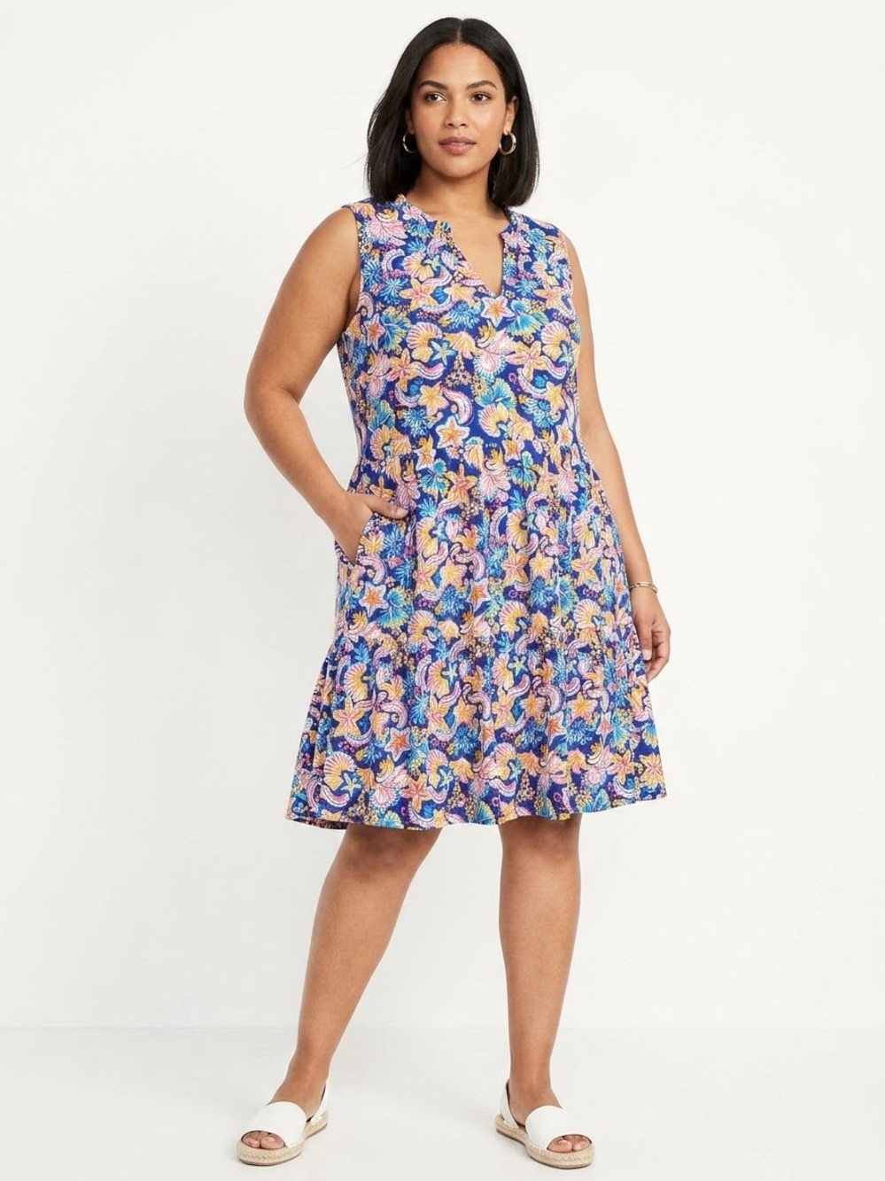 Stella Parker Sleeveless Floral Tiered Tunic Dress Blue Multi Sea Theme XXL New
